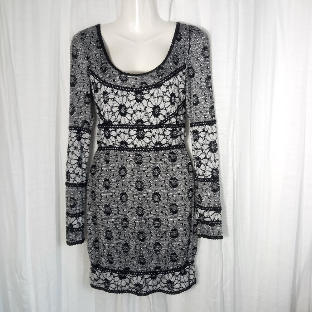 FREE PEOPLE Dress XS Black Gray Lace Stretchy Lined Long Sleeve Sexy Bodycon